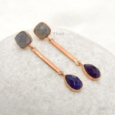 Grey Chalcedony and Amethyst Chalcedony Gemstone Drop Earrings, Rose Gold Plated 925 Sterling Silver Dangle Earrings, Womens Gift Earrings